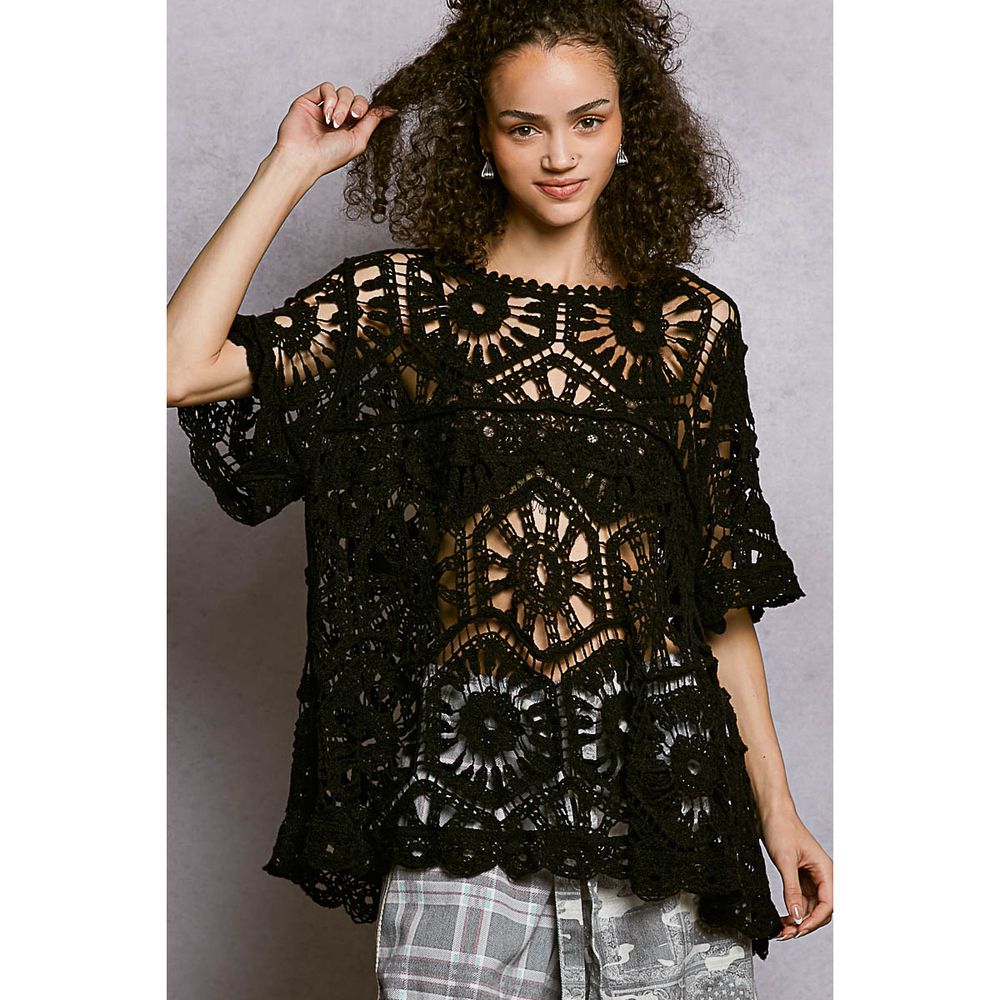SMC270 BLACK Pol Round Neck Half Sleeve Crochet Top One Size